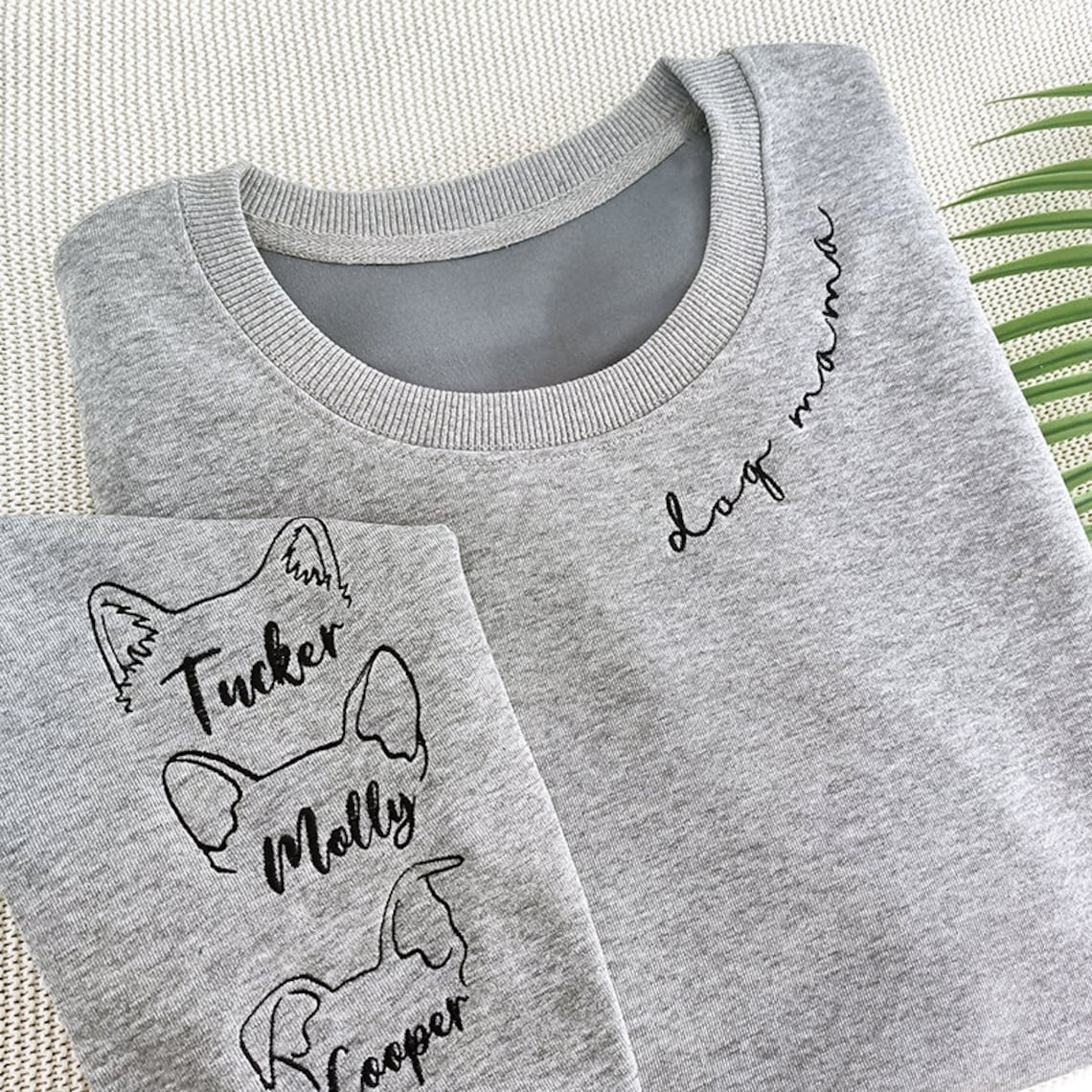 Embroidered Dog Mum Sweatshirt with Pet Ears and Name On Sleeve Gift For Pet Lovers