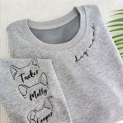 Embroidered Dog Mum Sweatshirt with Pet Ears and Name On Sleeve Gift For Pet Lovers
