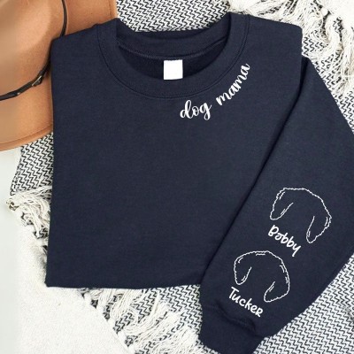 Embroidered Dog Mum Crewneck With Dog Ear on Sleeve Gift For Pet Lover